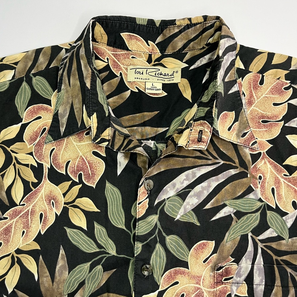 VTG Tori Richard Hawaiian Shirt Mens Sz L Black Floral Tropical Cotton Lawn